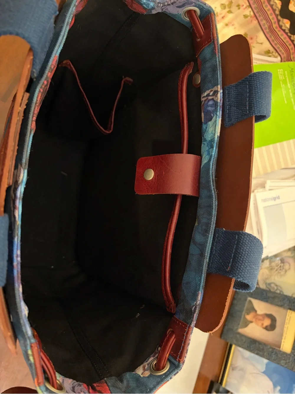 John Fluevog Leather & Floral Canvas Large Tote Bag
